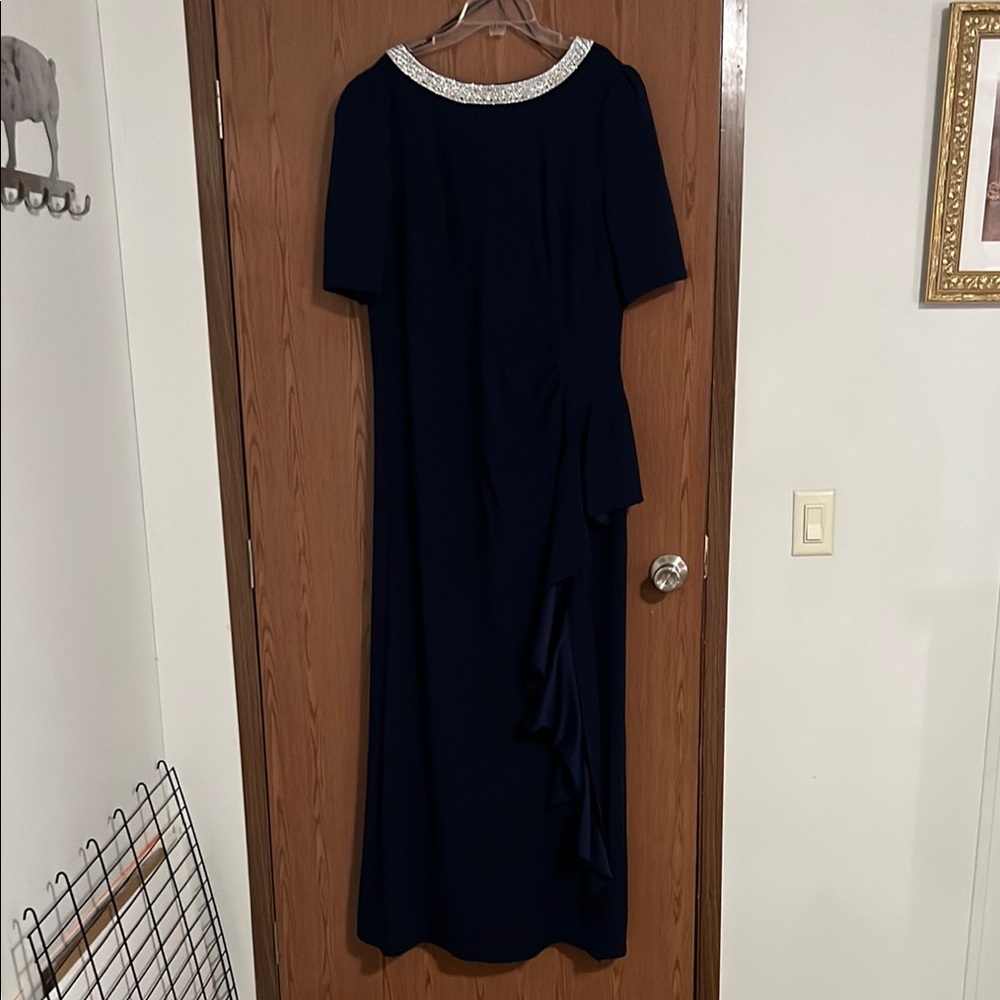Elegant Navy Blue Dress with Embellished Collar